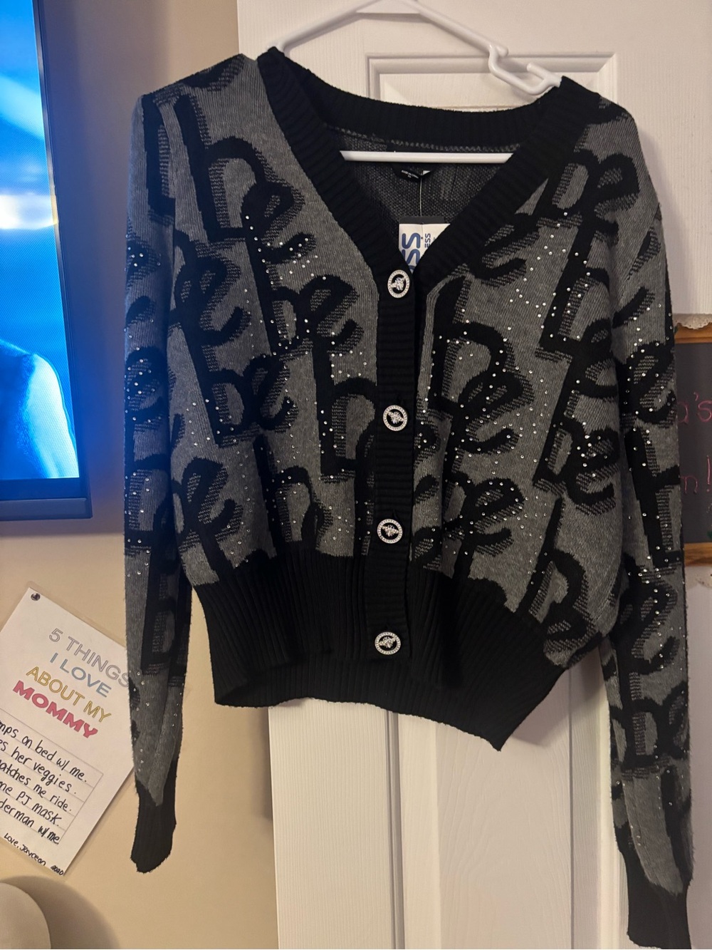 bebe Gray & Black Logo Button-Up Cardigan with Sparkle Accents